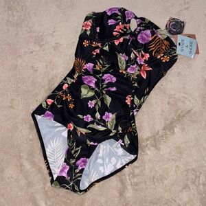 Shade & Shore Floral Black One-Piece Swimsuit